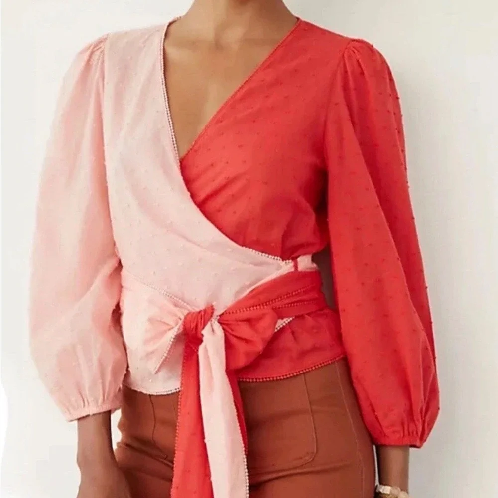 Farm Rio Anthropology Colorblock Wrap Blouse Top XS Swiss Dot Pink Red Festival